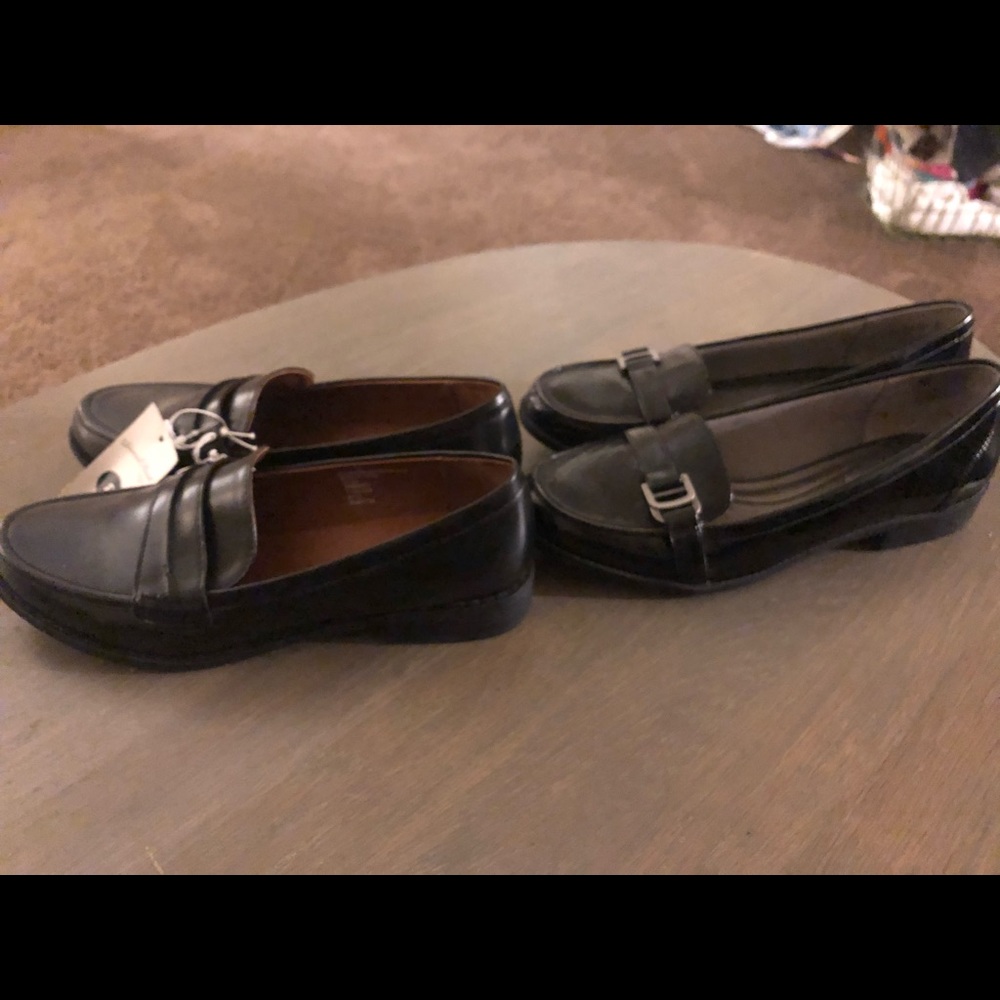 TWO pairs of black loafer style dress shoes
